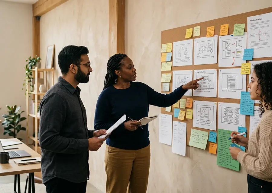 Nexcrowd strategists reviewing a campaign storyboard and audience notes on a studio wall