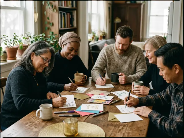 Neighbours around a kitchen table writing support cards for a family