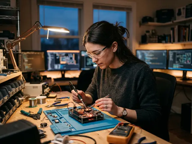 A hardware founder testing a tech prototype in a maker lab